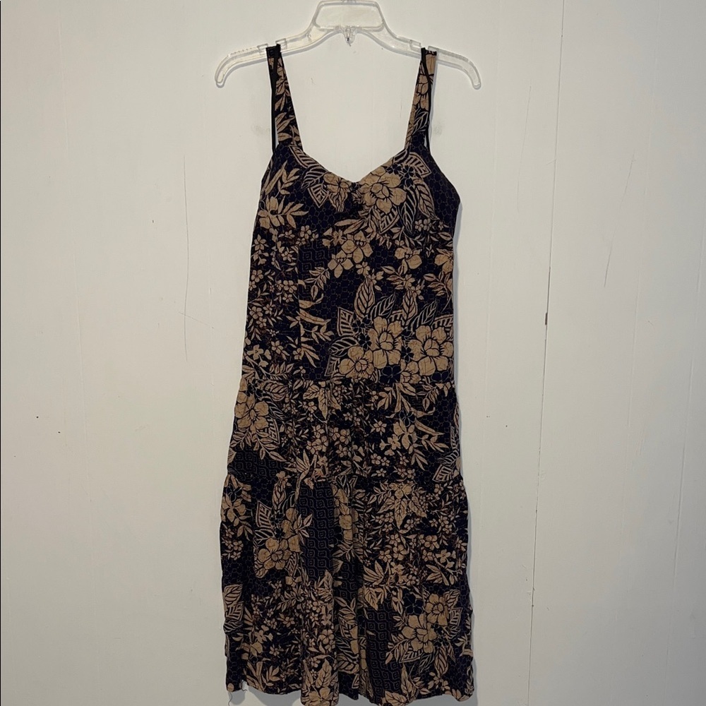 Vintage R&K Originals Navy and Tan Floral Midi Sundress Padded Bra 072726